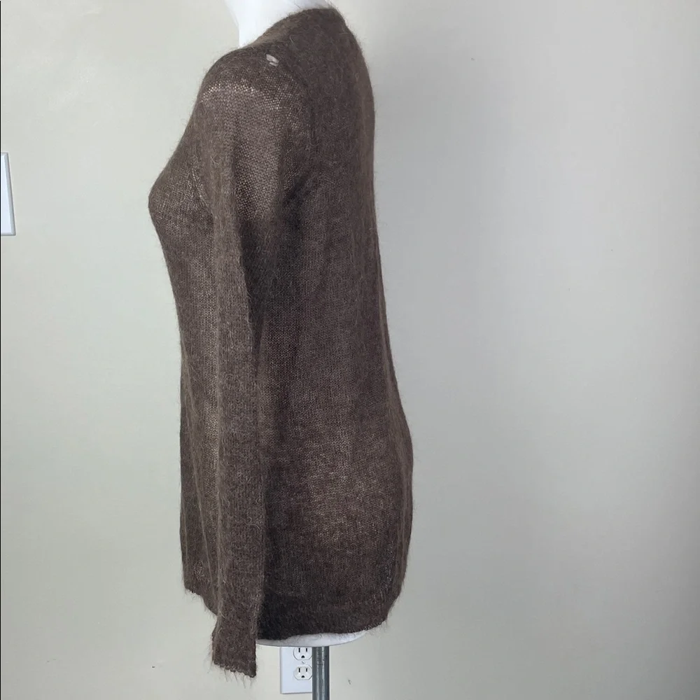 Super Fuzzy Sheer Mohair V-Neck Sweater Brown Distressed